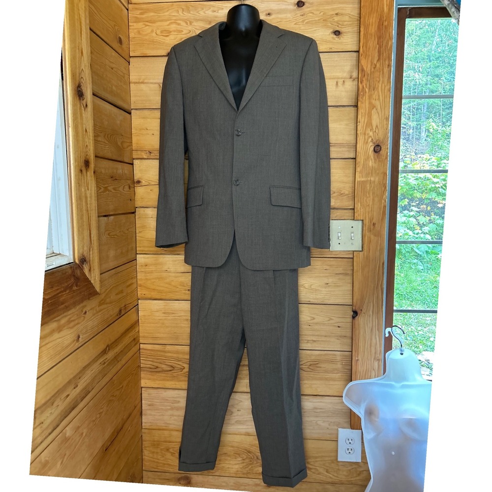 Wool Two Piece Suit Mens 34 Large Taupe Grey Tailored Corporate Wexmann London